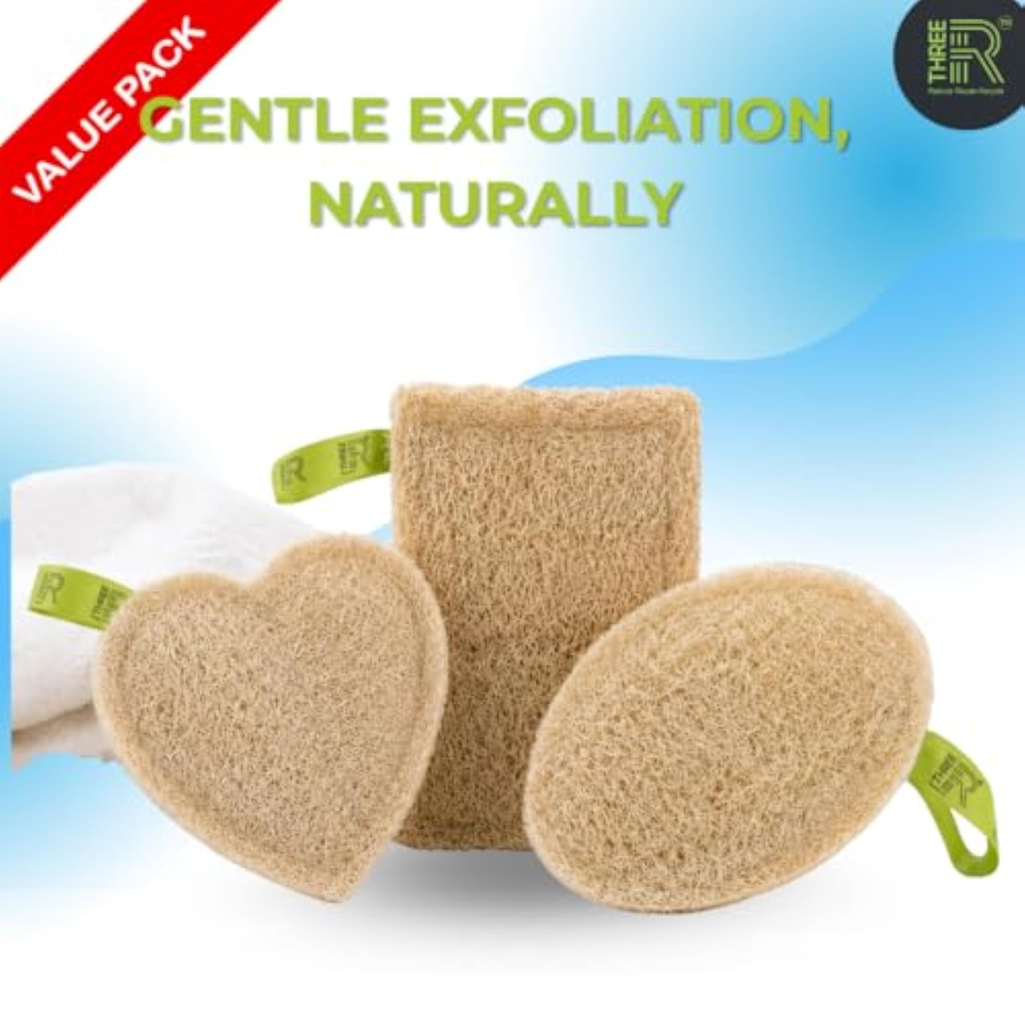 Natural Loofah Sponge Pack of 3, Organic Bath Scrubber
